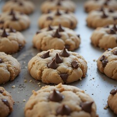 A batch of cookies baking, with melted chocolate chips glistening. Generative AI