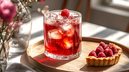 Refreshing raspberry cocktail with ice, paired with a sweet raspberry tart on a wooden tray in bright sunlight.