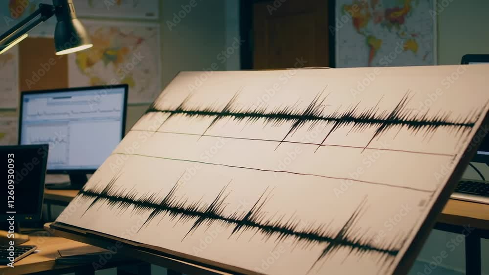 Poster Seismic activity analysis reveals earthquake data, plotted on a large canvas in a scientist's office, illuminated by a desk lamp, with computer monitors displaying additional information