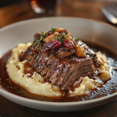 A sophisticated dish featuring a tender, simmered steak served on a bed of fluffy mashed potatoes. 