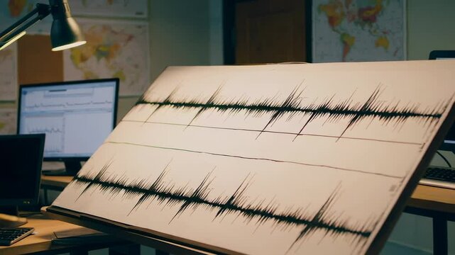 Seismic activity analysis reveals earthquake data, plotted on a large canvas in a scientist's office, illuminated by a desk lamp, with computer monitors displaying additional information