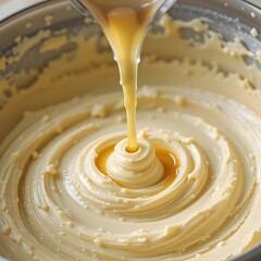 A splash of vanilla extract dropping into a creamy batter. Generative AI