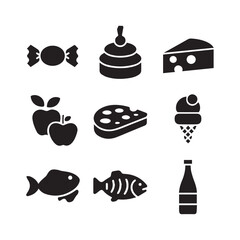 This image showcases a set of black silhouette icons representing various food and drink items. It includes desserts, fruits, dairy products, meat, fish, and beverages like wine, soft drinks, and bot
