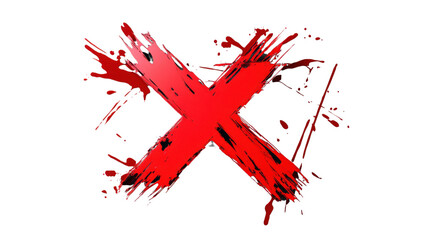 Red cross sign with paint splattering on transparent background