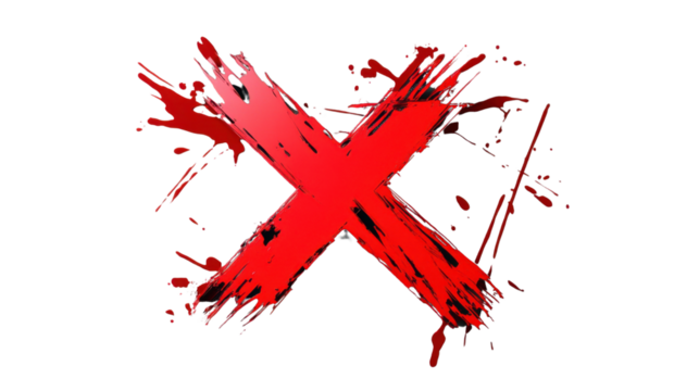 Red cross sign with paint splattering on transparent background