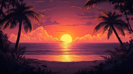 Obraz premium Tropical Sunset Over Ocean Beach Palms