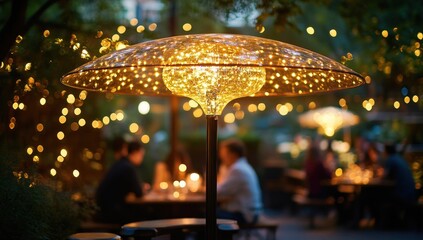Illuminated Outdoor Patio at Night: A Warm and Inviting Ambiance