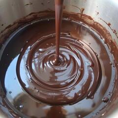 Dark chocolate melting in a double boiler, forming a smooth glossy texture. Generative AI