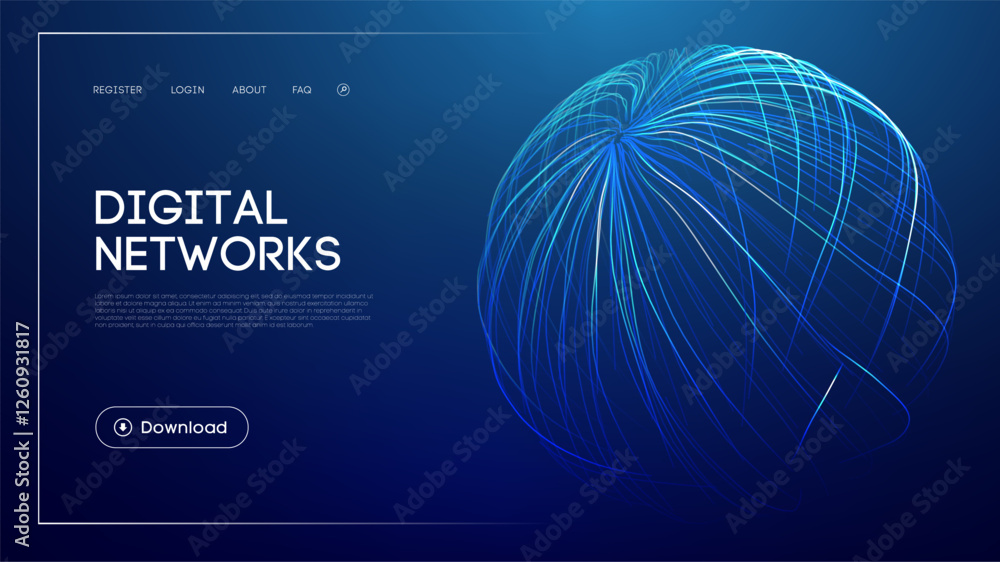 Aufkleber digital networks technology with abstract glowing sphere, blue futuristic background, connected data