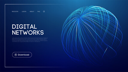 Digital networks technology with abstract glowing sphere, blue futuristic background, connected data visualization, modern UI design, and wireframe globe for innovation and connectivity