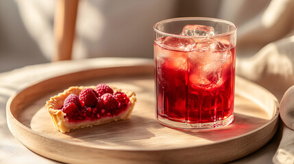 Refreshing raspberry tart and iced beverage, a delightful treat on a sunny day. Simple pleasures, pure bliss.