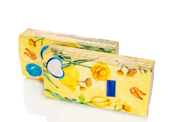 Two packs of paper dry wipes, close-up, isolated on white background.