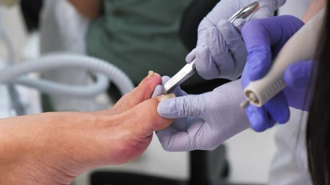The podiatrist tightens the brace on the deformed ingrown toenail of the patient using pedicure forceps in blue gloves in the office during the procedure. Toenail Treatment
