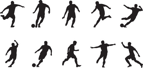 A collection of black silhouette  of soccer players in various poses, kicking, running, and jumping.