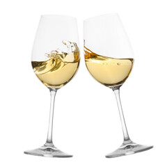 Glasses of splashing wine isolated on white