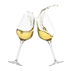 Glasses of splashing wine isolated on white
