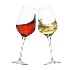 Glasses of splashing wine isolated on white