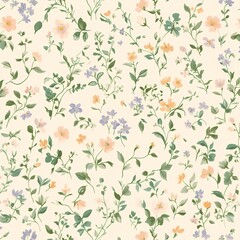 Serene floral pattern with intricate wildflowers in pastel peach, lilac, pale blue, and pale green, scattered on a light neutral background for a peaceful, vintage-inspired atmosphere.

