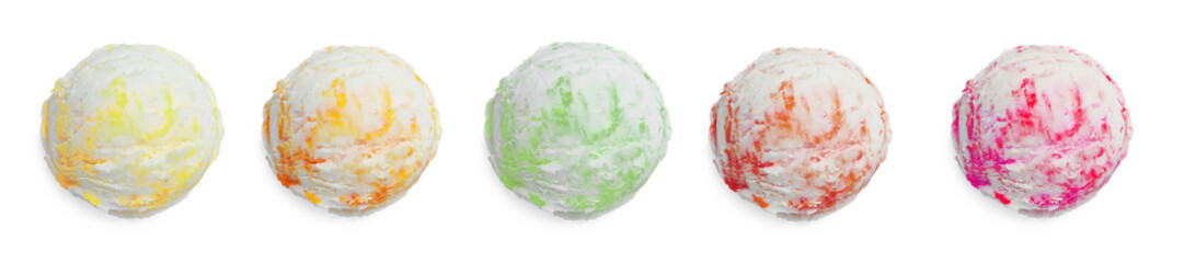 Tasty ice-cream, scoops of different flavors on white background, set. Top view
