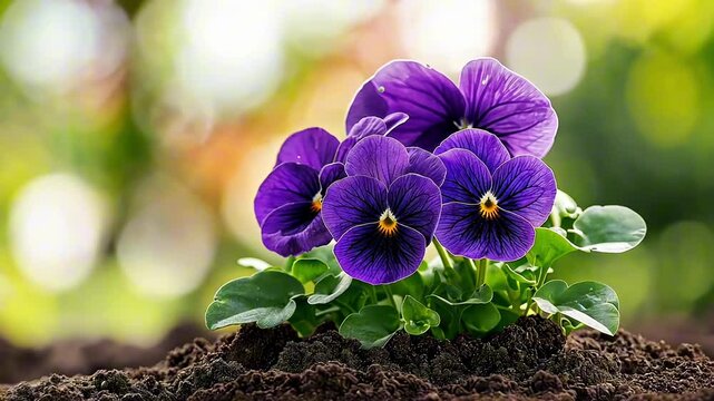 Purple pansies blooming in fertile garden soil, showcasing vibrant color and delicate beauty