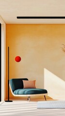 Modern Living Room Design Featuring Chic Sofa, Stylish Lamp and Colorful Decor, Inviting Comfortable Atmosphere