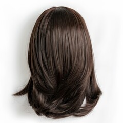Shoulder-length layered dark brown wig against white background