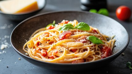 Spaghetti alla Amatriciana with pancetta bacon, tomatoes and pecorino cheese