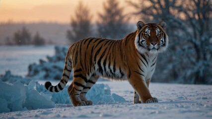 Obraz premium Majestic Siberian tiger walking gracefully through snowy landscape during golden hour