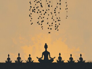 Fototapeta premium Zen Meditation Silhouettes, Sunset, & Cosmic Spheres