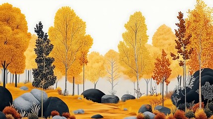 Golden Autumn Forest: A Digital Painting of a Serene Fall Landscape AI Generated