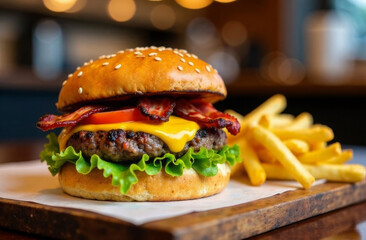 Classic burger with juicy patty, fried bacon, fresh herbs and cheese lies on wooden board, with french fries next to it. Background cafe blur. Unhealthy food
