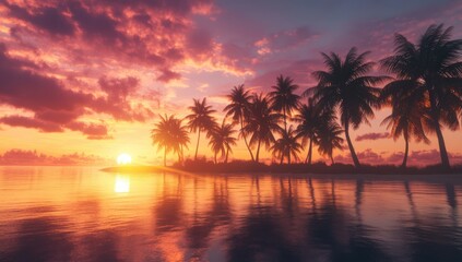 A sunset over the ocean with palm trees in the foreground