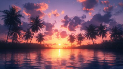 Fototapeta premium A sunset over the ocean with palm trees in the foreground