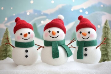 Three snowmen in red hats and scarves stand together in the snow