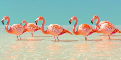 Obraz premium Flamingos wading in shallow waters tropical beach wildlife sunny day side view nature's beauty