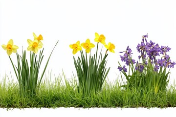 Yellow and white flowers growing in grass on a white background
