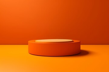 3D Minimalist Vibrant Orange Podium Against Bright Orange Wall, Modern Product Display Mockup for Showroom Showcase.