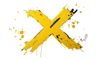 Big yellow x cross sign with black paint splatter on transparent background