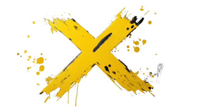 Big yellow x cross sign with black paint splatter on transparent background