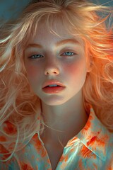 Fototapeta premium Radiant Portrait of a Young Woman with Flowing Blonde Hair and Freckled Skin in Soft Light