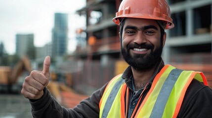 Obraz premium Smiling Middle Eastern Construction Worker Giving a Thumbs-Up at an Urban Worksite