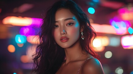 Fototapeta premium a young asian woman standing in a nightclub with colorful neon lights, immersed in the dynamic nightlife scene, surrounded by music, dance, and party excitement
