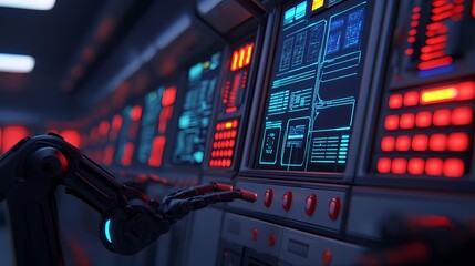 Naklejka premium A futuristic control panel with glowing screens and robotic arm, showcasing advanced technology in a dimly lit environment.