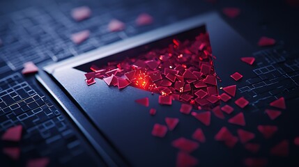 Abstract composition of fragmented red shapes emerging from a triangular base on a dark background