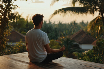 Fototapeta premium Man meditating on a wooden deck at sunrise 