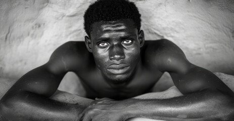 Young african man resting arms on legs in black and white