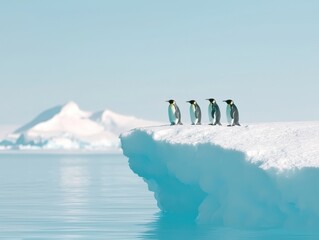 Penguins taking a stand on iceberg antarctica wildlife icy environment side view nature conservation
