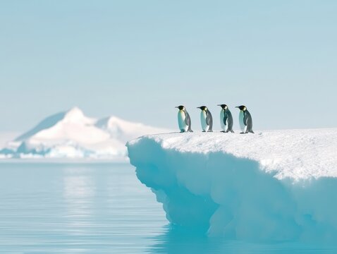 Penguins taking a stand on iceberg antarctica wildlife icy environment side view nature conservation