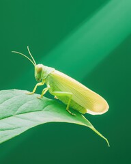 Grasshopper observing sunlight on leaf natural environment close-up serene atmosphere