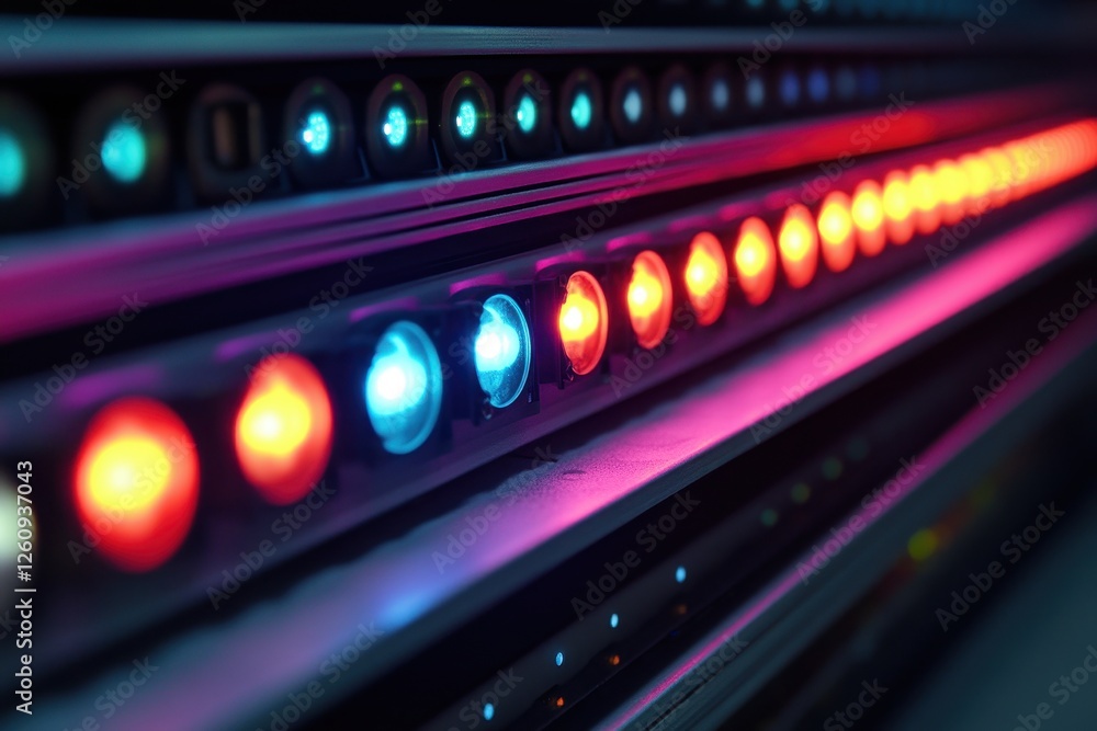 Poster colorful led lights illuminate a modern installation during a nighttime event in an urban setting